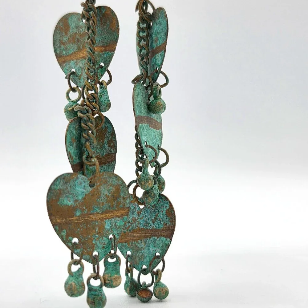 BOHO 1980's Green Patina Distressed Metal Heart Drop Dangle Pierced Earrings